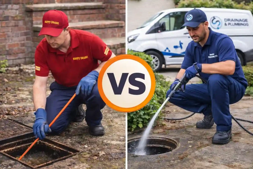Happy Drains vs Drainage & Plumbing Ltd drain engineer comparison showing local drainage services with jetting and manual unblocking