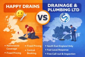 Happy Drains vs Drainage & Plumbing Ltd comparison showing local drainage services South East England with free call out and 4 week guarantee