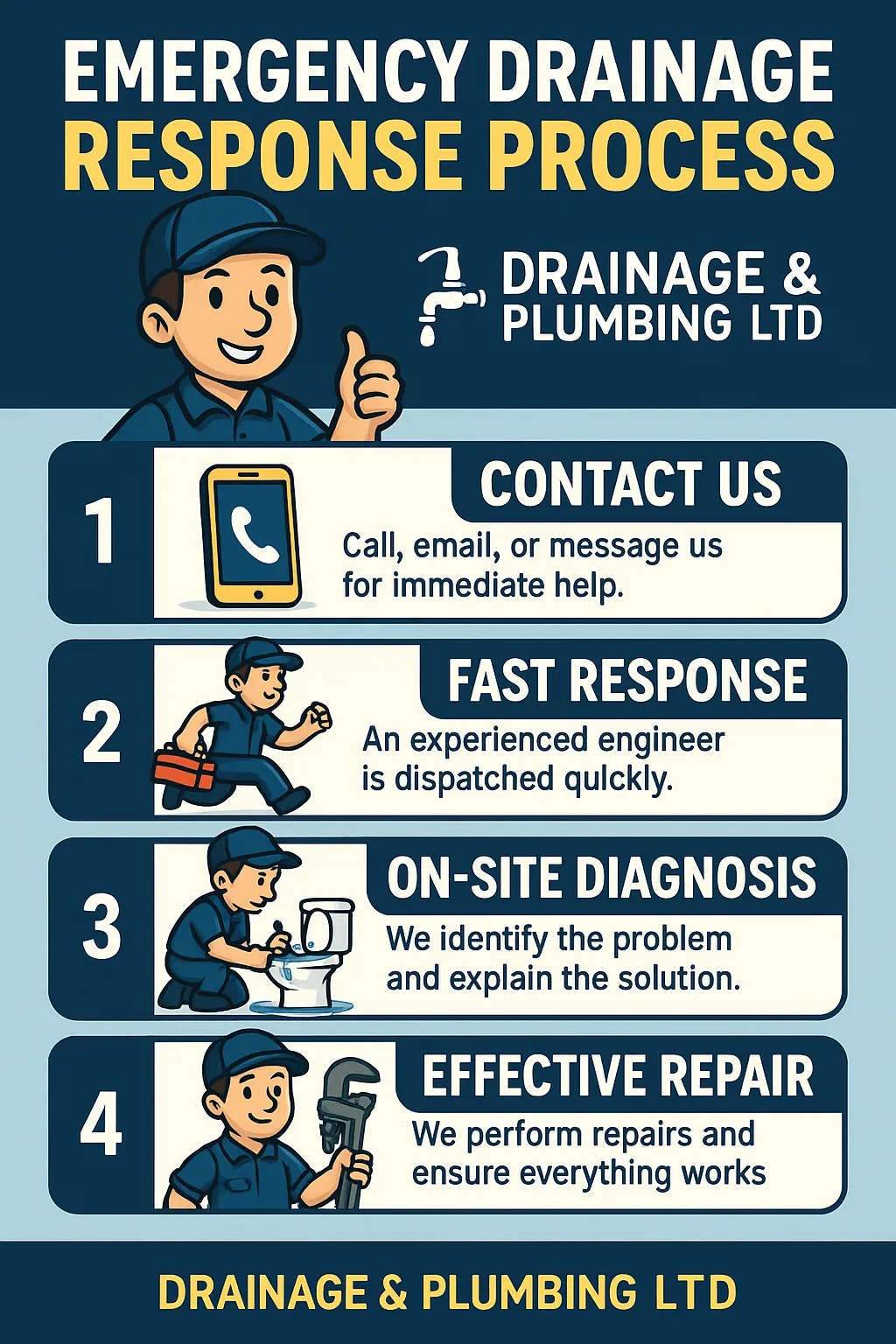 emergency drainage response process with plumber fixing burst pipe in South East England home