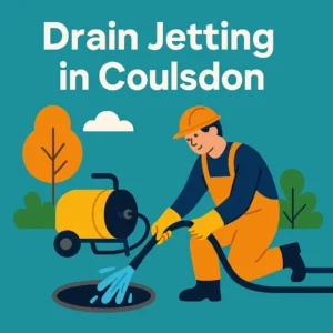 Illustration of a drainage worker performing drain jetting in Coulsdon
