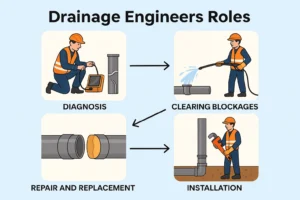 Drainage engineers roles showing diagnosis, clearing blockages, repairs, and installation