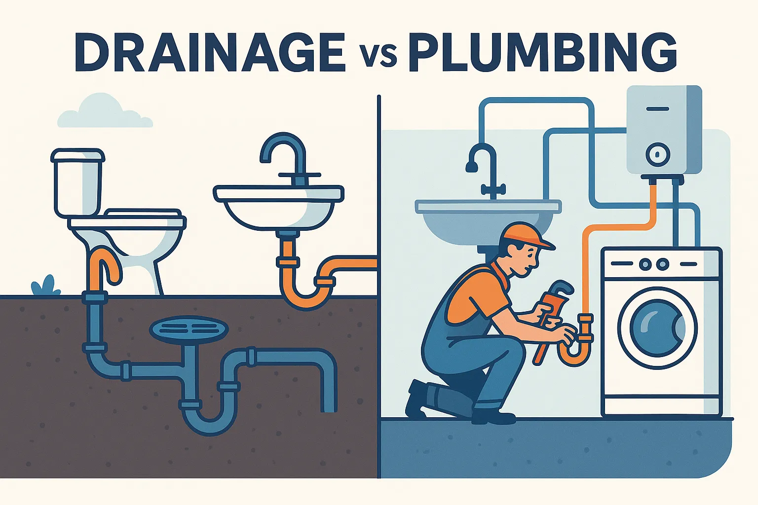 Drainage vs plumbing comparison illustration showing underground drainage pipes and indoor plumbing installations by Drainage & Plumbing LTD.