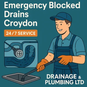 Emergency blocked drains Croydon – plumber using high-pressure jetting with CCTV drain survey illustration, 24/7 service by Drainage & Plumbing LTD