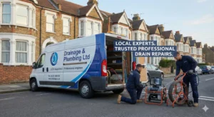 Drainage & Plumbing Ltd engineers performing professional drain repairs using CCTV and jetting equipment on a residential street in South East England.