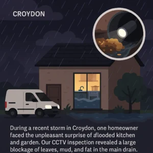 rainy drain blockages in Croydon with CCTV inspection showing leaves, mud, and fat in the main drain