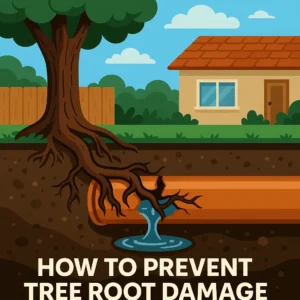 Tree root damage to drains shown breaking through underground pipe