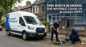 Drainage & Plumbing Ltd engineers using high-pressure water jetting equipment to remove tree roots from a blocked drain outside a Victorian property in South East England.