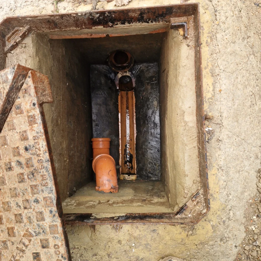 Tree roots causing a blocked drain pipe, viewed through a CCTV survey camera.