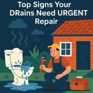 Urgent drain repair Croydon showing plumber fixing blocked outdoor toilet