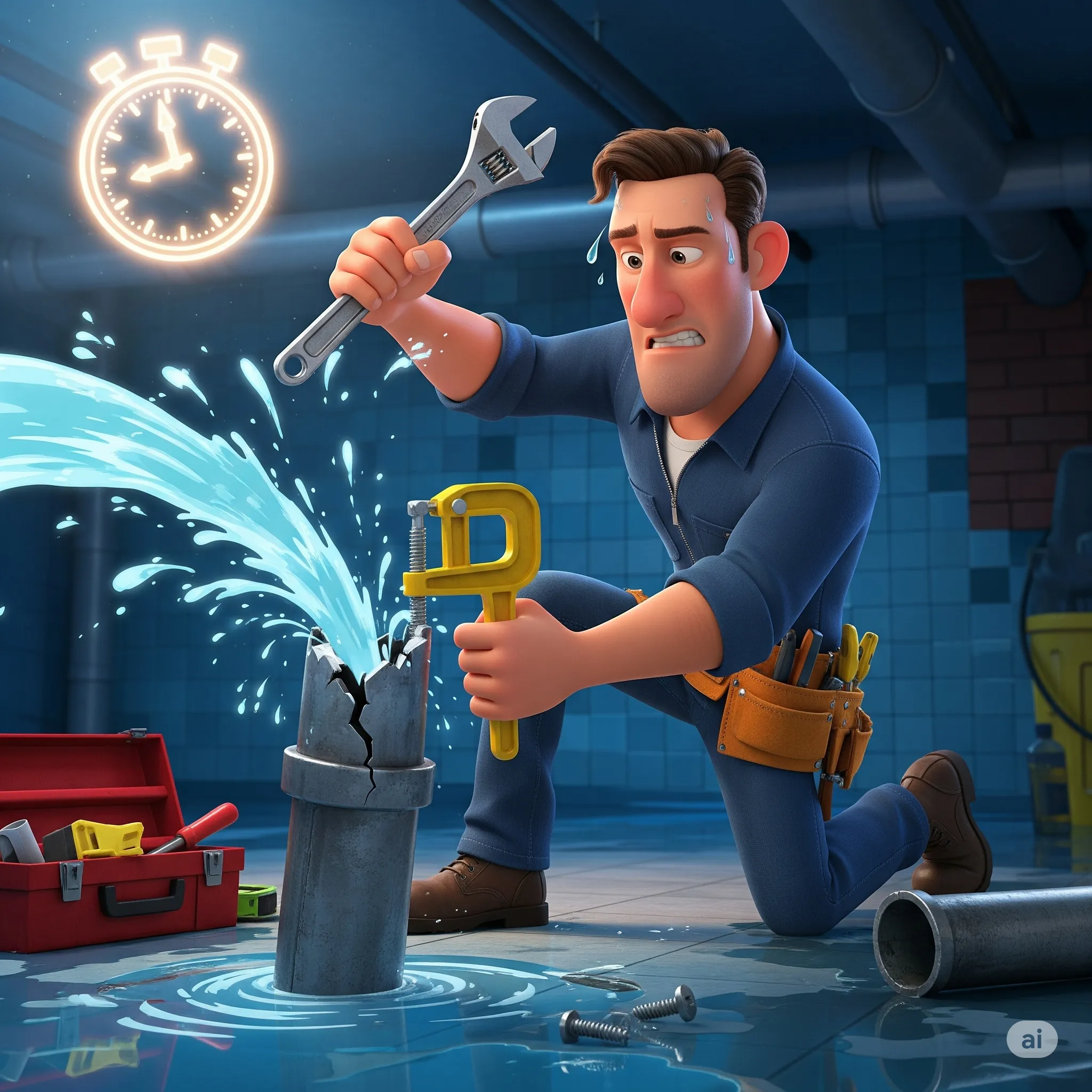 An animated image of a determined drainage specialist in a blue jumpsuit quickly fixing a burst pipe with a wrench and clamp. A ticking clock shows the urgency of the repair in a flooded basement.