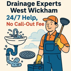 illustration of a friendly drainage technician in West Wickham holding a plunger and toolbox Drainage&Plumbing Ltd
