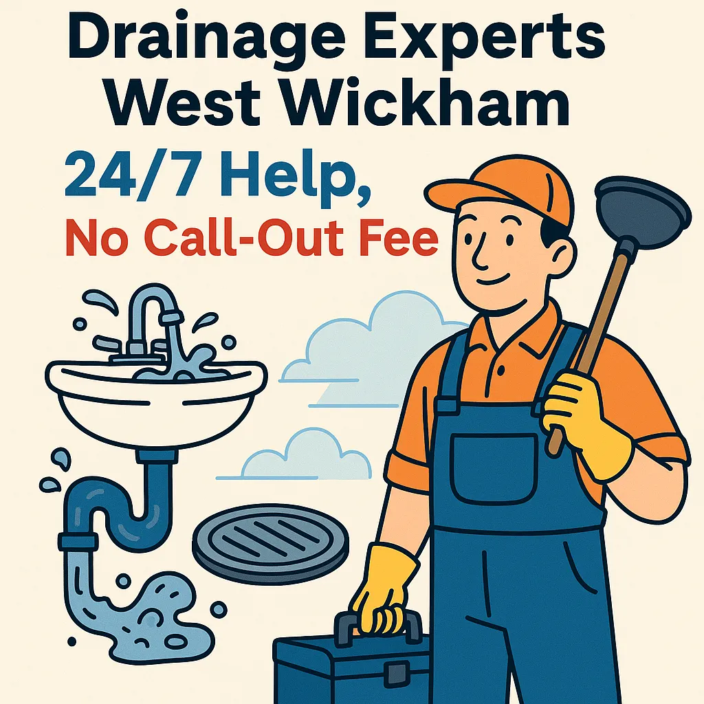 illustration of a friendly drainage technician in West Wickham holding a plunger and toolbox Drainage&Plumbing Ltd