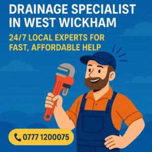 Drainage & Plumbing LTD drainage specialist in West Wickham holding a red pipe wrench