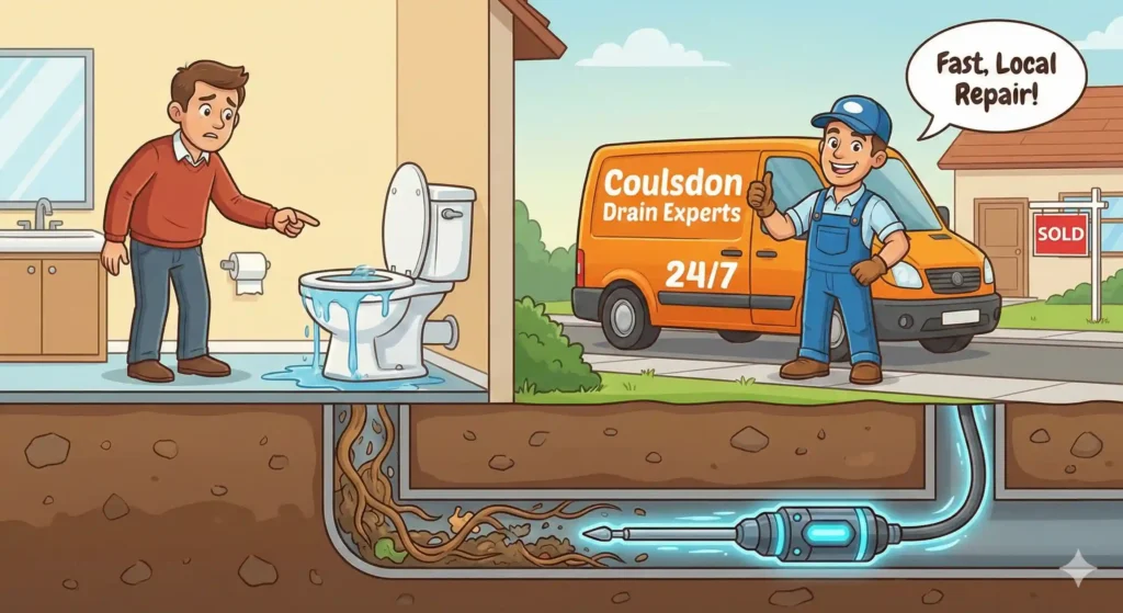 Cartoon illustration of emergency drain repair in Coulsdon showing a plumber fixing a blocked toilet caused by tree roots using high-tech jetting equipment.