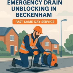 Engineer performing emergency drain unblocking in Beckenham street