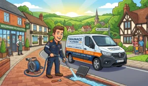 Cartoon illustration of a friendly local drainage consultant in Woldingham clearing a drain next to a Drainage & Plumbing LTD van, with a village street and homes in the background.