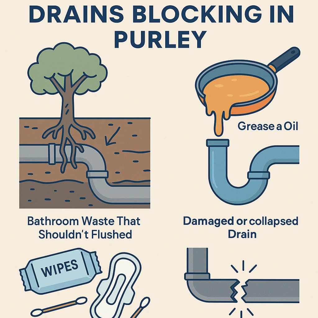 Drains blocking in Purley infographic showing causes like tree roots, grease, wipes, and collapsed pipes.
