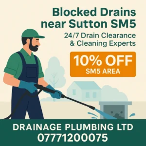 Blocked drains near Sutton SM5 – Drainage & Plumbing Ltd offering 10% off drain clearance until 30 December 2025