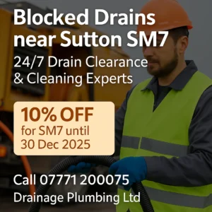 Blocked drains near Sutton SM7 – Drainage Plumbing Ltd offering 10% off drain clearance until 30 December 2025