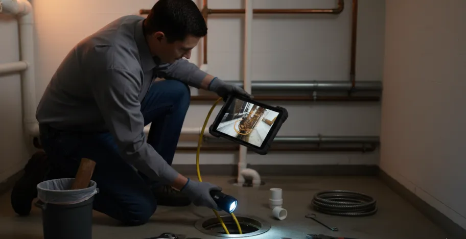 Engineer reviewing live CCTV drain survey footage on a tablet to diagnose a blocked pipe
