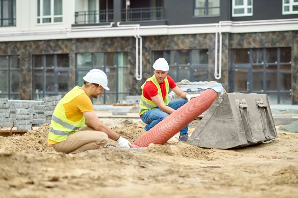 Workers installing drainage pipe