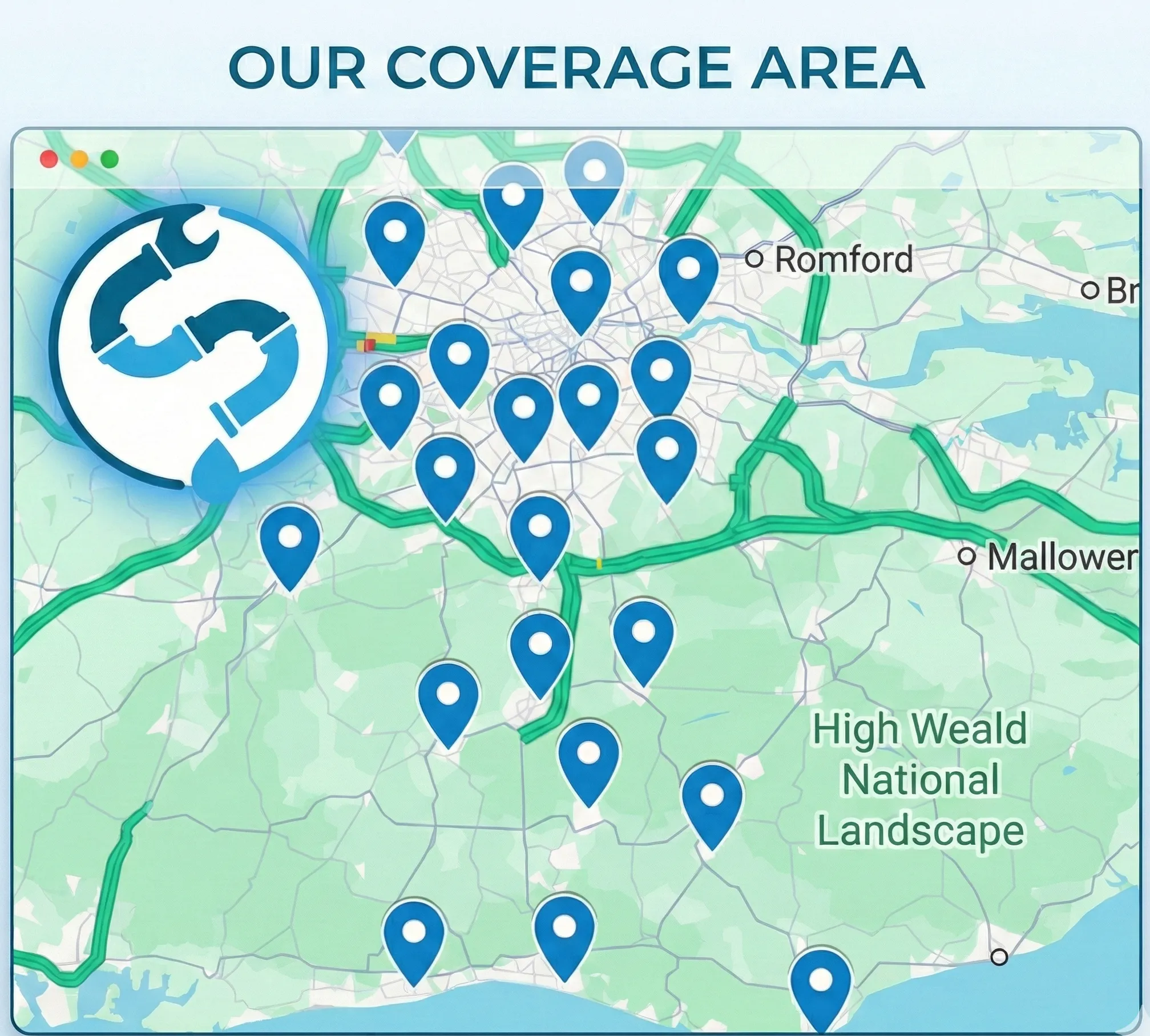 Map showing drain jetting service coverage across South East England including London and Brighton