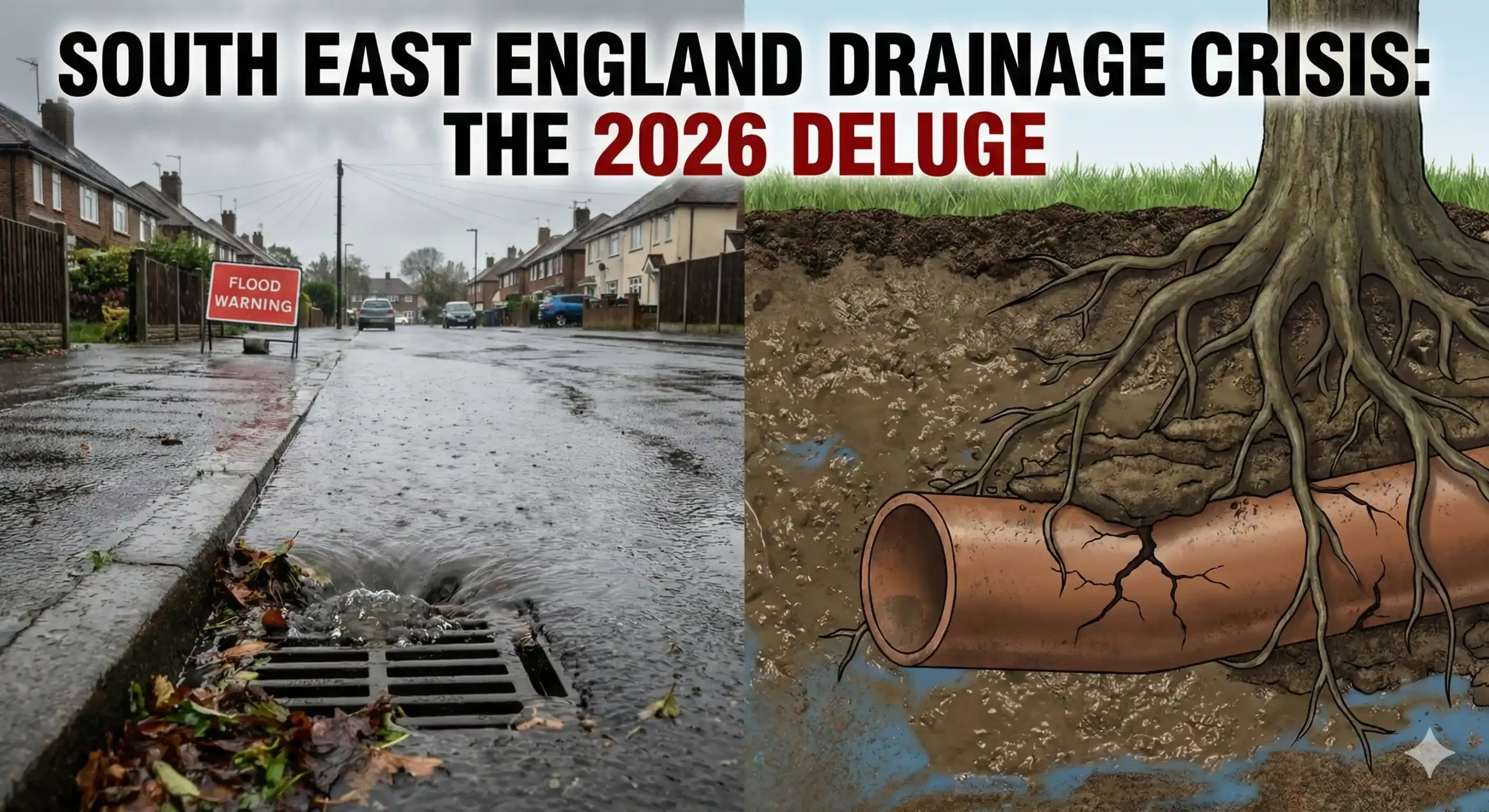 South East England flooded street and blocked drains 2026 - Drainage & Plumbing Ltd
