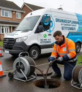 Professional drainage engineer clearing an emergency sewer backup through a manhole using specialist equipment.