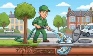 Cartoon image showing a cheerful drainage professional clearing a combination of tree roots and grease build-up from a suburban Croydon drain.
