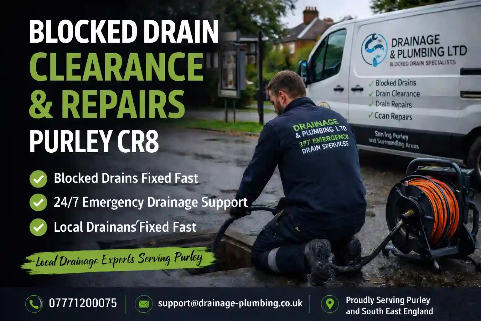 drainage engineer's van parked outside a residential property ready for a drain jetting call-out