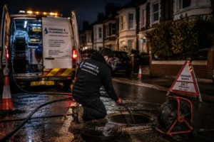Emergency drain callout engineer at Drainage&Plumbing Ltd clearing blocked manhole