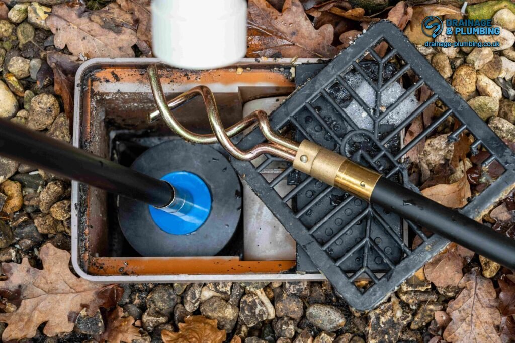 blocked downpipe cover clogged with leaves and silt after winter, common cause of overflowing gutters in South East England homes