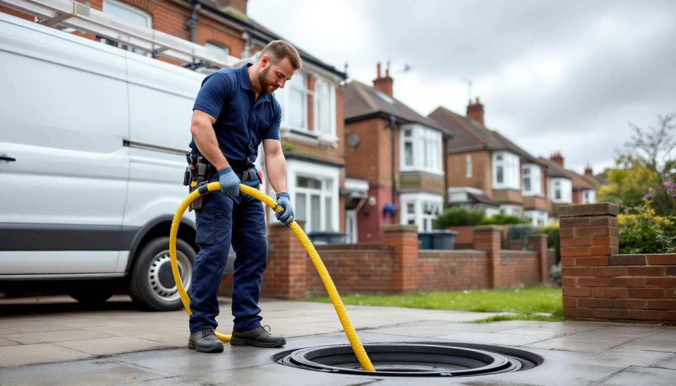 drain unblocking service van attending a backed-up toilet callout in a South East England residential street