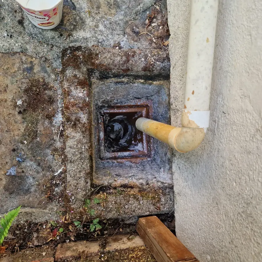 Drainage gully with its trap clogged by thick black sludge, stopping water getting away