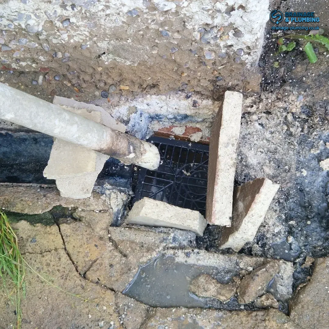 tree root drain prevention — engineer clearing a root-blocked outdoor gully before jetting in a South East England garden