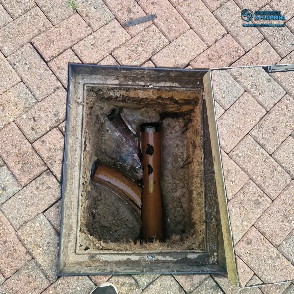 Open inspection chamber with clay drainage channels in block paving