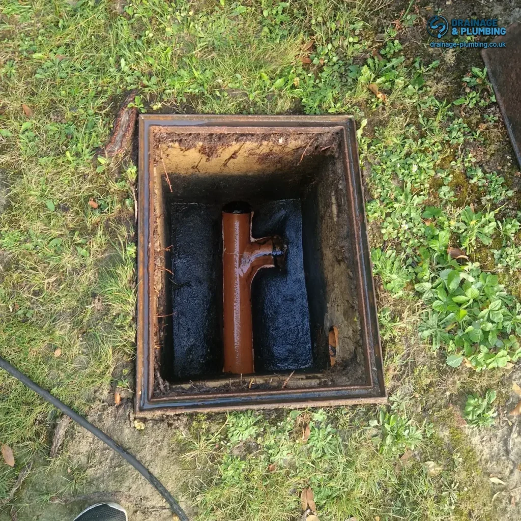 Open inspection chamber with clay drainage channels in a lawn